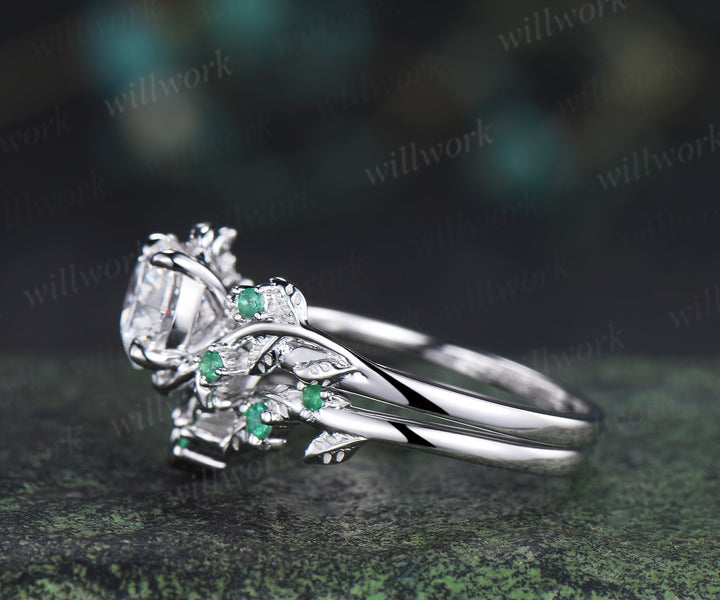 1ct round cut IGI Lab grown diamond ring white gold natural emerald wedding ring set leaf engagement ring set jewelry