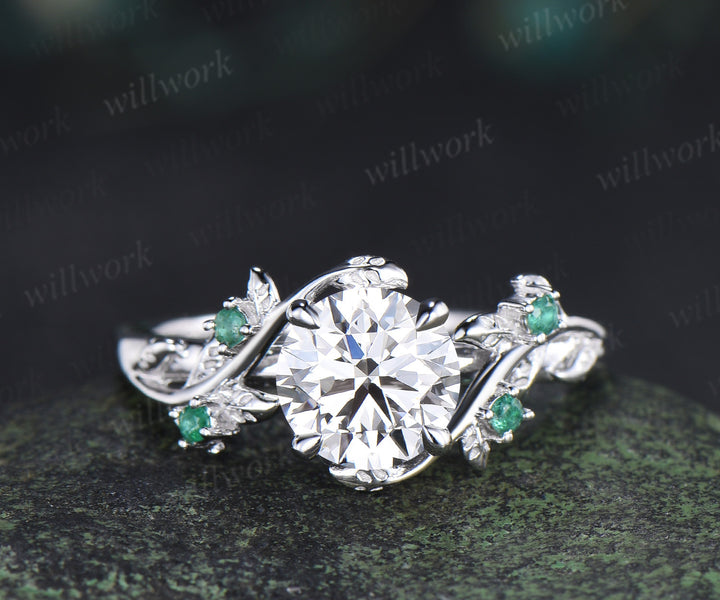 1ct round cut IGI Lab grown diamond ring white gold natural emerald wedding ring set leaf engagement ring set jewelry