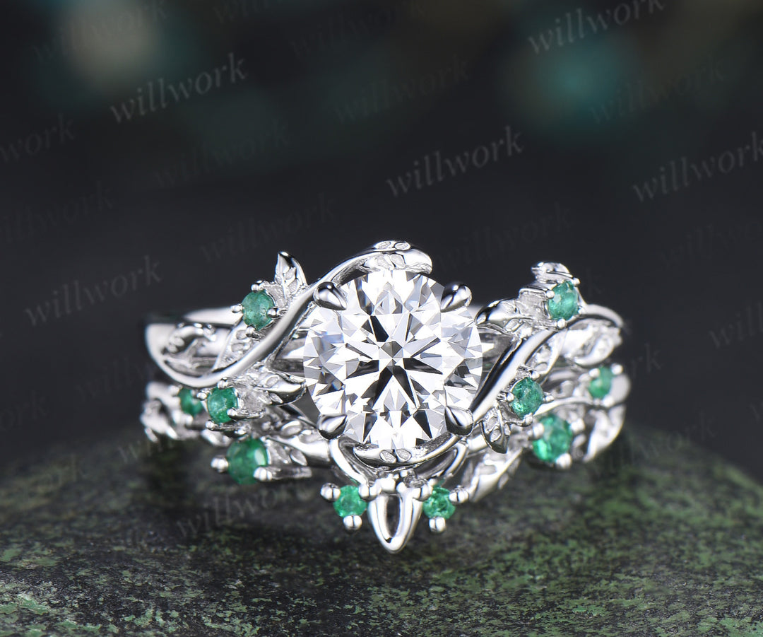 1ct round cut IGI Lab grown diamond ring white gold natural emerald wedding ring set leaf engagement ring set jewelry