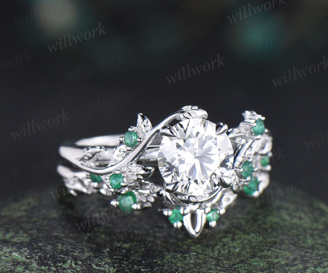 1ct round cut IGI Lab grown diamond ring white gold natural emerald wedding ring set leaf engagement ring set jewelry
