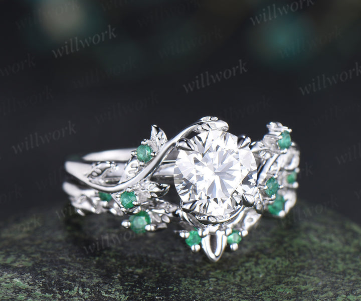 1ct round cut IGI Lab grown diamond ring white gold natural emerald wedding ring set leaf engagement ring set jewelry