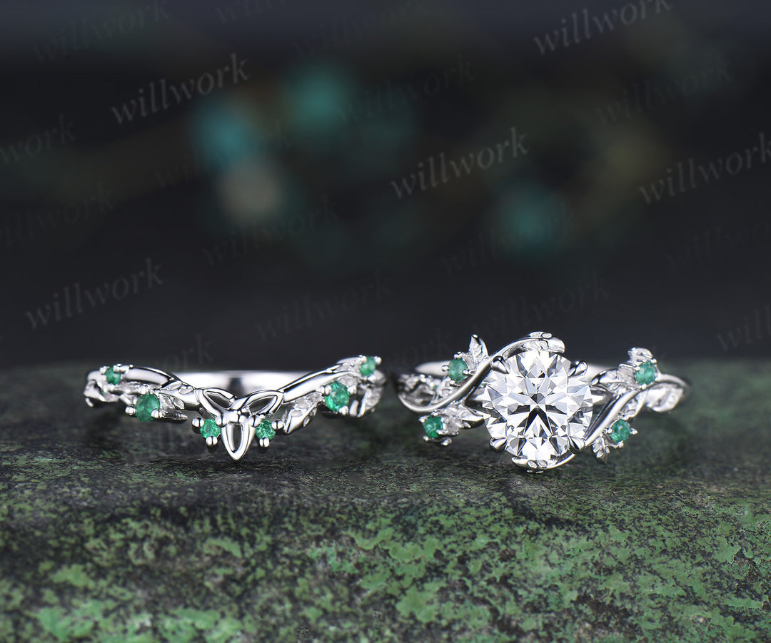 1ct round cut IGI Lab grown diamond ring white gold natural emerald wedding ring set leaf engagement ring set jewelry