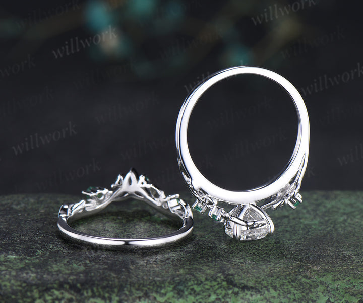 1ct round cut IGI Lab grown diamond ring white gold natural emerald wedding ring set leaf engagement ring set jewelry