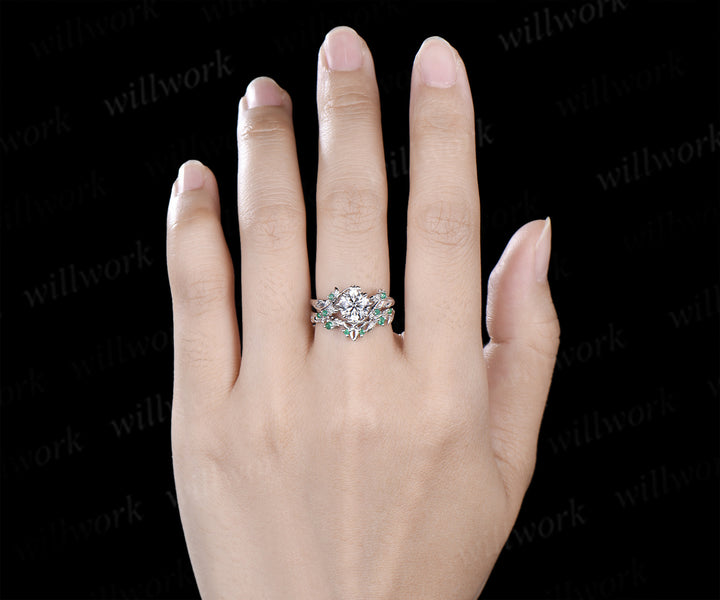 1ct round cut IGI Lab grown diamond ring white gold natural emerald wedding ring set leaf engagement ring set jewelry