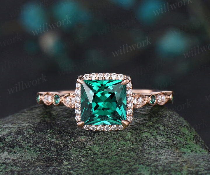 Vintage princess cut green emerald engagement ring rose gold women Milgrain halo half eternity diamond emerald wedding bridal ring set jewelry