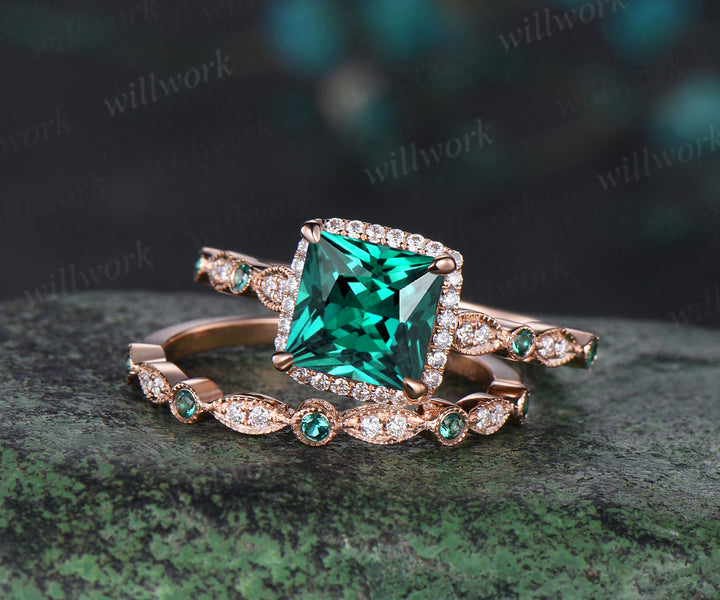 Vintage princess cut green emerald engagement ring rose gold women Milgrain halo half eternity diamond emerald wedding bridal ring set jewelry