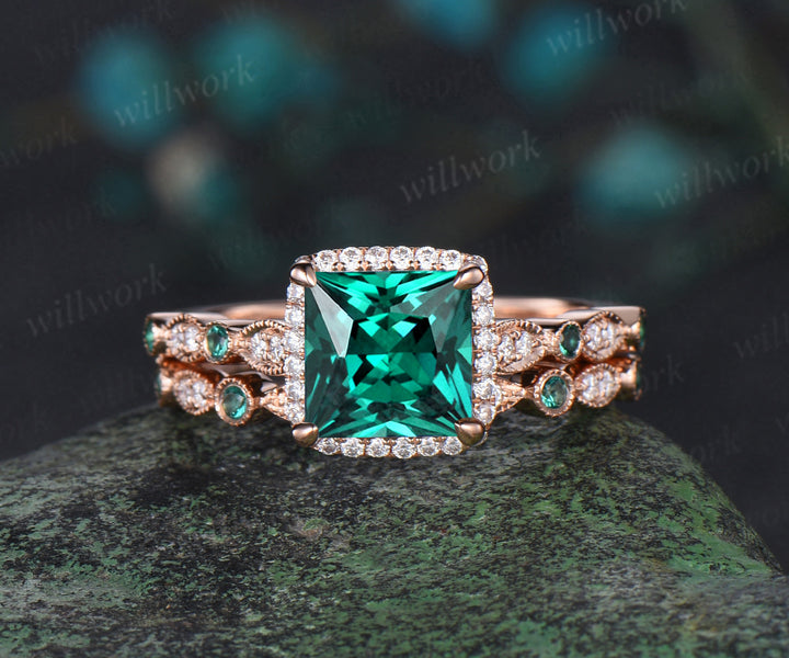 Vintage princess cut green emerald engagement ring rose gold women Milgrain halo half eternity diamond emerald wedding bridal ring set jewelry