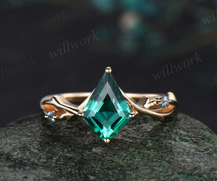 Unique Kite cut green emerald Engagement Ring Vintage Twig Alexandrite Ring Branch Ring yellow Gold Silver Ring Promise Bridal Set anniversary gift