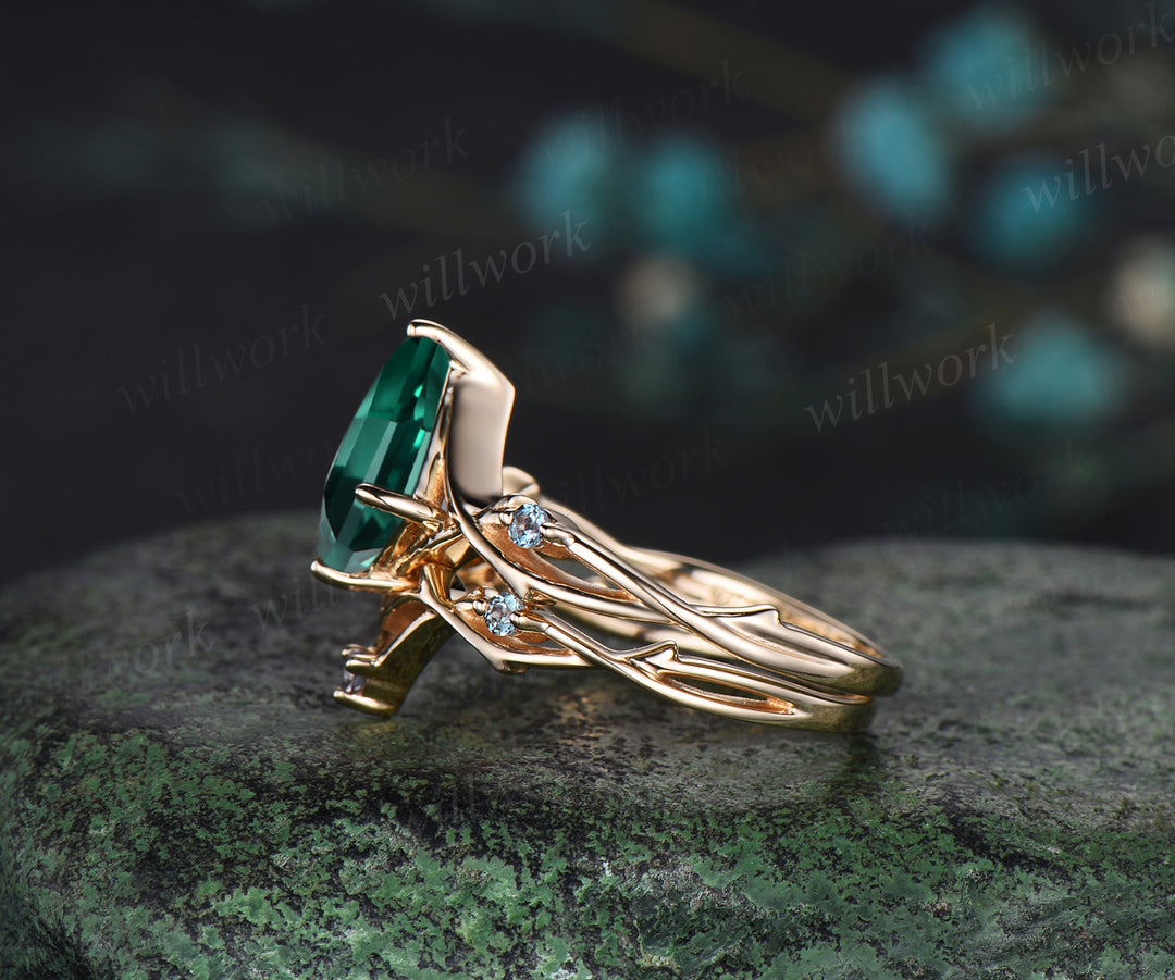 Unique Kite cut green emerald Engagement Ring Vintage Twig Alexandrite Ring Branch Ring yellow Gold Silver Ring Promise Bridal Set anniversary gift