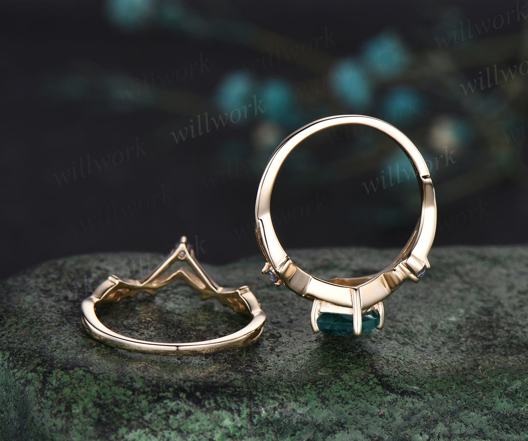 Unique Kite cut green emerald Engagement Ring Vintage Twig Alexandrite Ring Branch Ring yellow Gold Silver Ring Promise Bridal Set anniversary gift