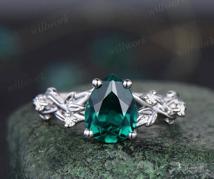 Twig pear shaped emerald engagement ring set 14k rose gold five stone leaf branch Nature inspired ring diamond wedding ring set women gift
