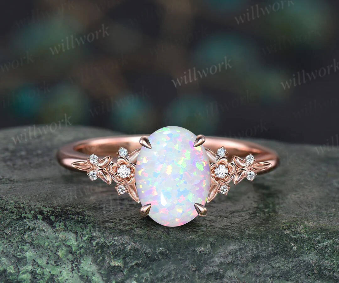 Vintage oval white opal engagement ring solid 14k rose gold leaf floral nature inspired diamond ring women unique bridal wedding ring