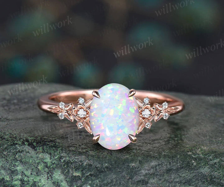 Vintage oval white opal engagement ring solid 14k rose gold leaf floral nature inspired diamond ring women unique bridal wedding ring