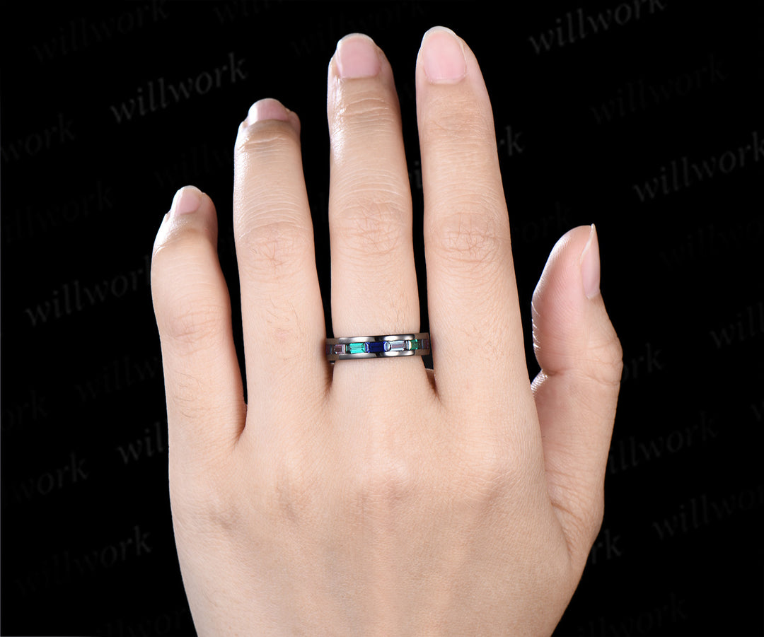 Baguette cut emerald sapphire alexandrite men wedding ring gothic black gold half eternity 5mm mens anniversary ring