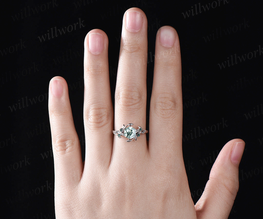 Natural moss agate engagement ring unique hexagon cut moss agate art deco emerald ring leaf twig band promise ring for women anniversary gifts