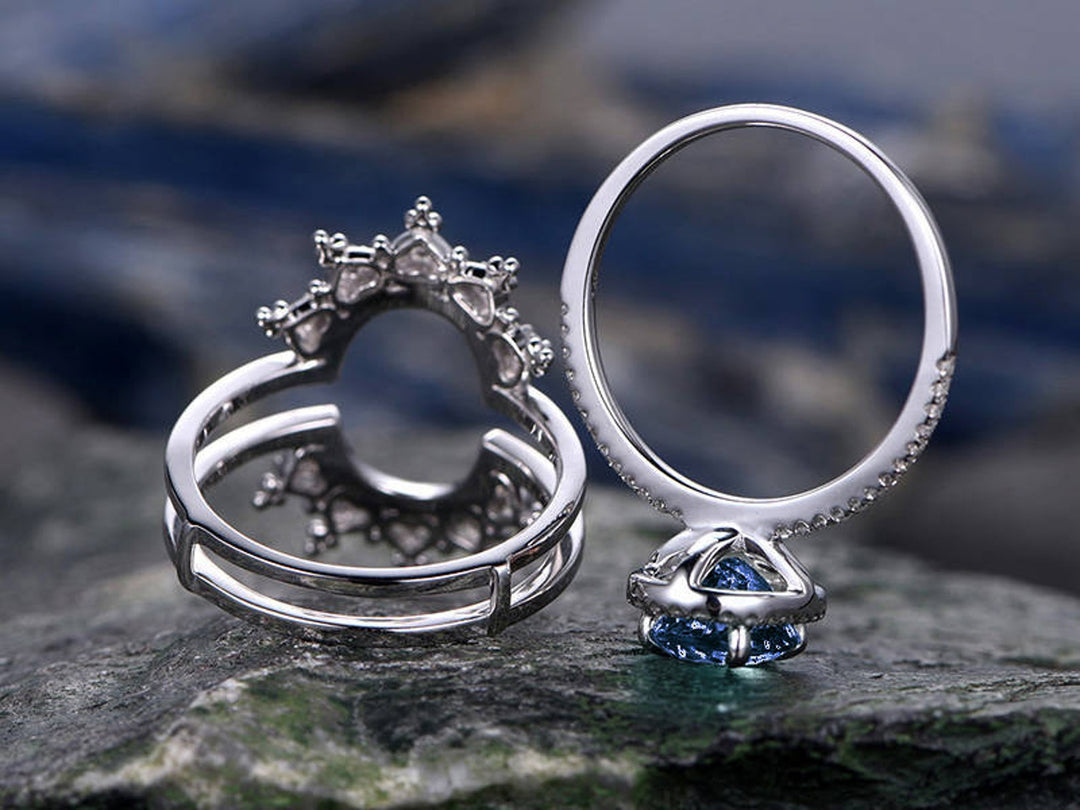 Blue sapphire engagement ring set white rose gold 2pc sapphire ring gold vintage diamond halo flower crown women wedding bridal ring set
