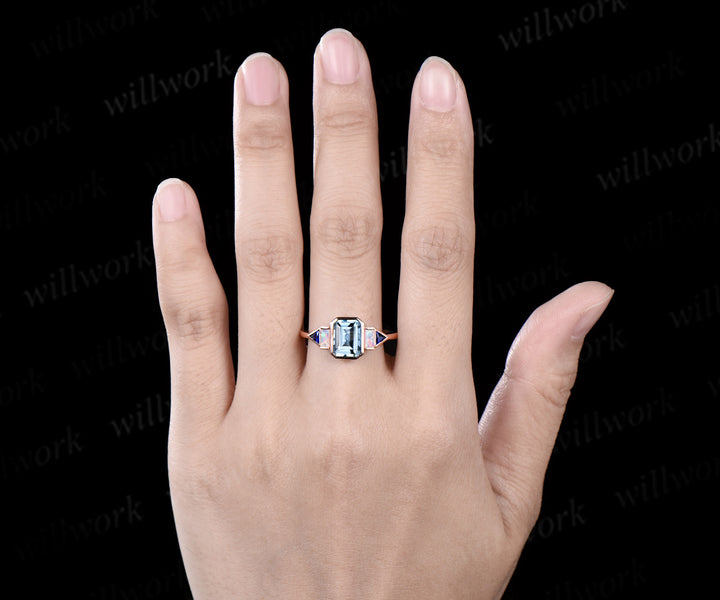 Bezel emerald cut aquamarine engagement ring rose gold five stone Baguette opal ring Trilliant sapphire ring retro unique anniversary gift