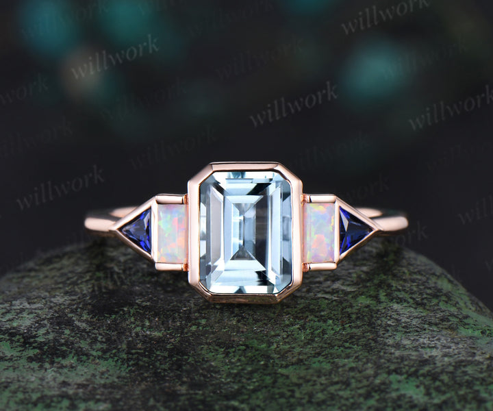 Bezel emerald cut aquamarine engagement ring rose gold five stone Baguette opal ring Trilliant sapphire ring retro unique anniversary gift