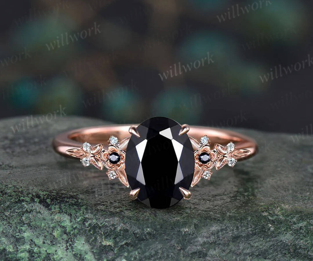 Vintage oval black Onyx engagement ring rose gold leaf nature inspired black spinel diamond ring women art deco bridal promise ring set