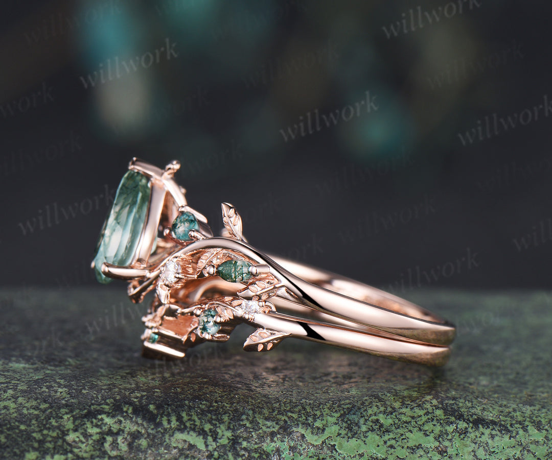 Pear cut moss agate engagement ring rose gold leaf celtic knot wedding ring set nature inspired jewelry