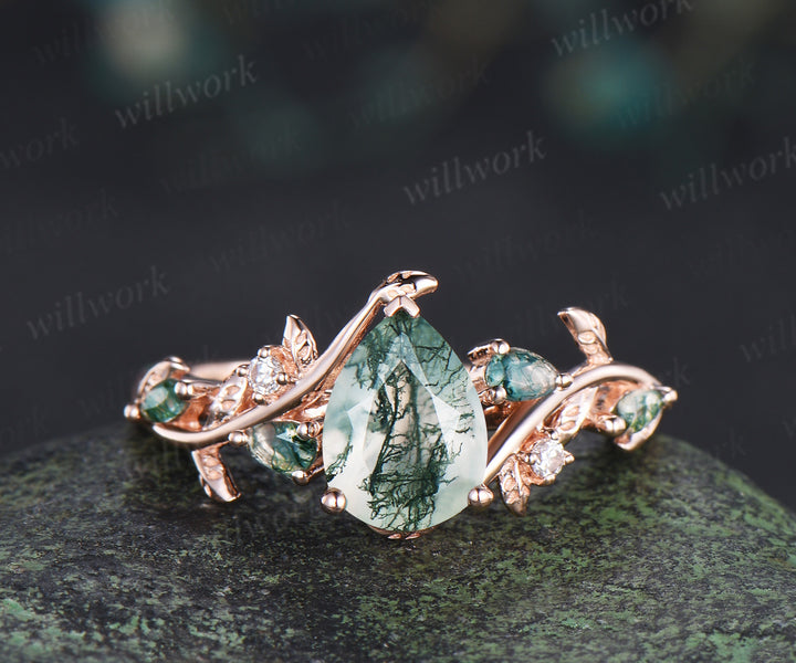 Pear cut moss agate engagement ring rose gold leaf celtic knot wedding ring set nature inspired jewelry