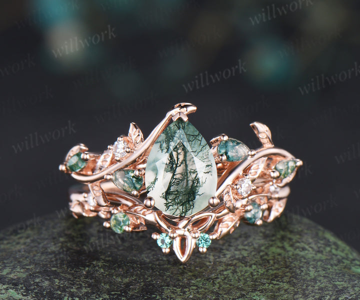 Pear cut moss agate engagement ring rose gold leaf celtic knot wedding ring set nature inspired jewelry