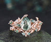 Pear cut moss agate engagement ring rose gold leaf celtic knot wedding ring set nature inspired jewelry