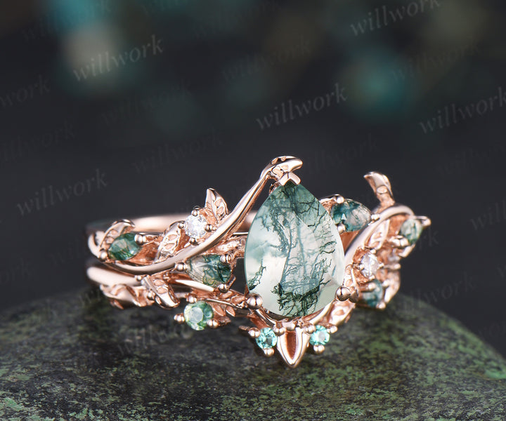 Pear cut moss agate engagement ring rose gold leaf celtic knot wedding ring set nature inspired jewelry