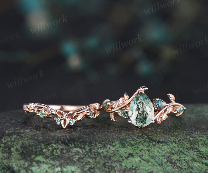 Pear cut moss agate engagement ring rose gold leaf celtic knot wedding ring set nature inspired jewelry