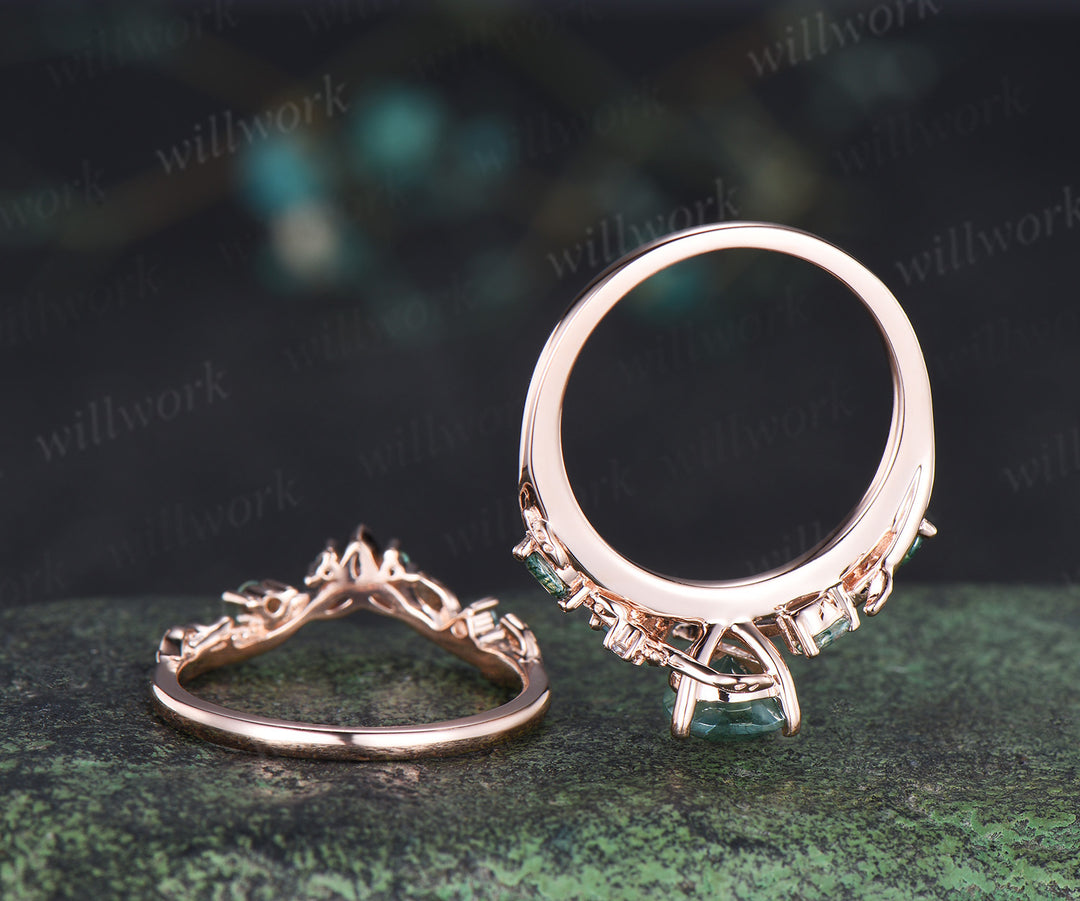 Pear cut moss agate engagement ring rose gold leaf celtic knot wedding ring set nature inspired jewelry