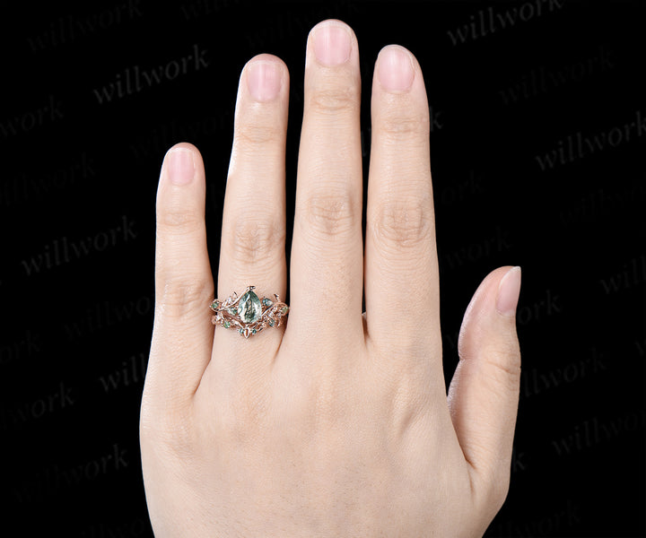 Pear cut moss agate engagement ring rose gold leaf celtic knot wedding ring set nature inspired jewelry