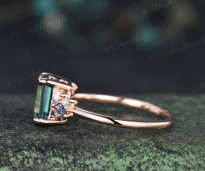 Emerald cut green sapphire engagement ring cluster alexandrite opal moissanite ring rose gold women