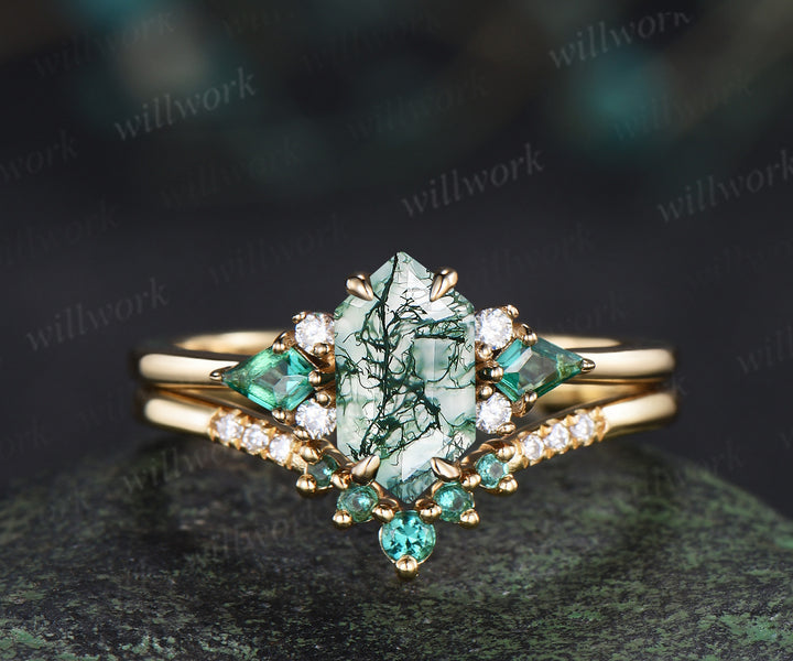 Long hexagon cut moss agate ring kite emerald wedding ring set claw prong yellow gold unique engagement ring set