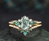 Long hexagon cut moss agate ring kite emerald wedding ring set claw prong yellow gold unique engagement ring set