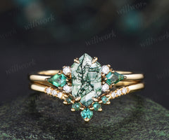 Long hexagon cut moss agate ring kite emerald wedding ring set claw prong yellow gold unique engagement ring set