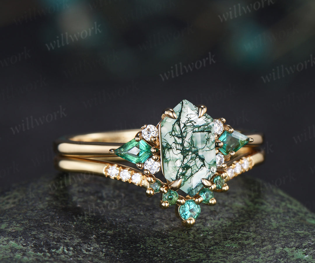 Long hexagon cut moss agate ring kite emerald wedding ring set claw prong yellow gold unique engagement ring set