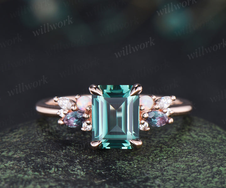 Emerald cut green sapphire engagement ring cluster alexandrite opal moissanite ring rose gold women