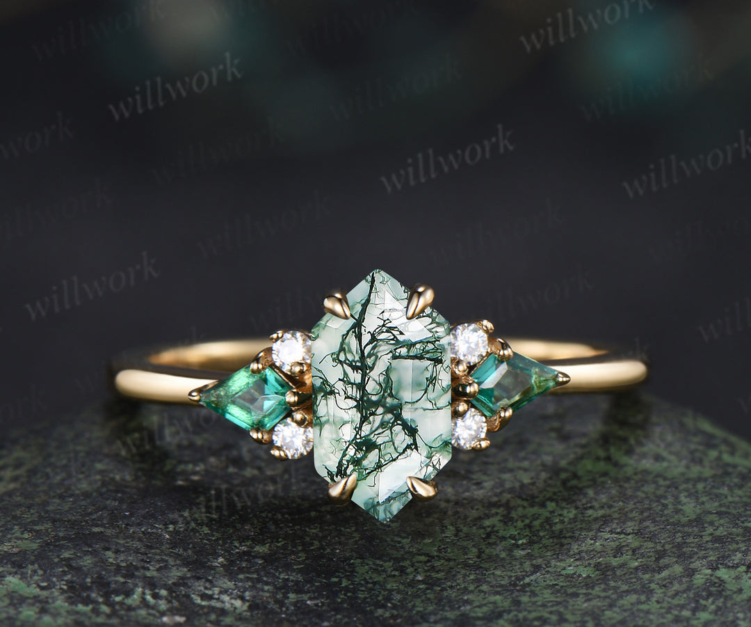 Long hexagon cut moss agate ring kite emerald wedding ring set claw prong yellow gold unique engagement ring set