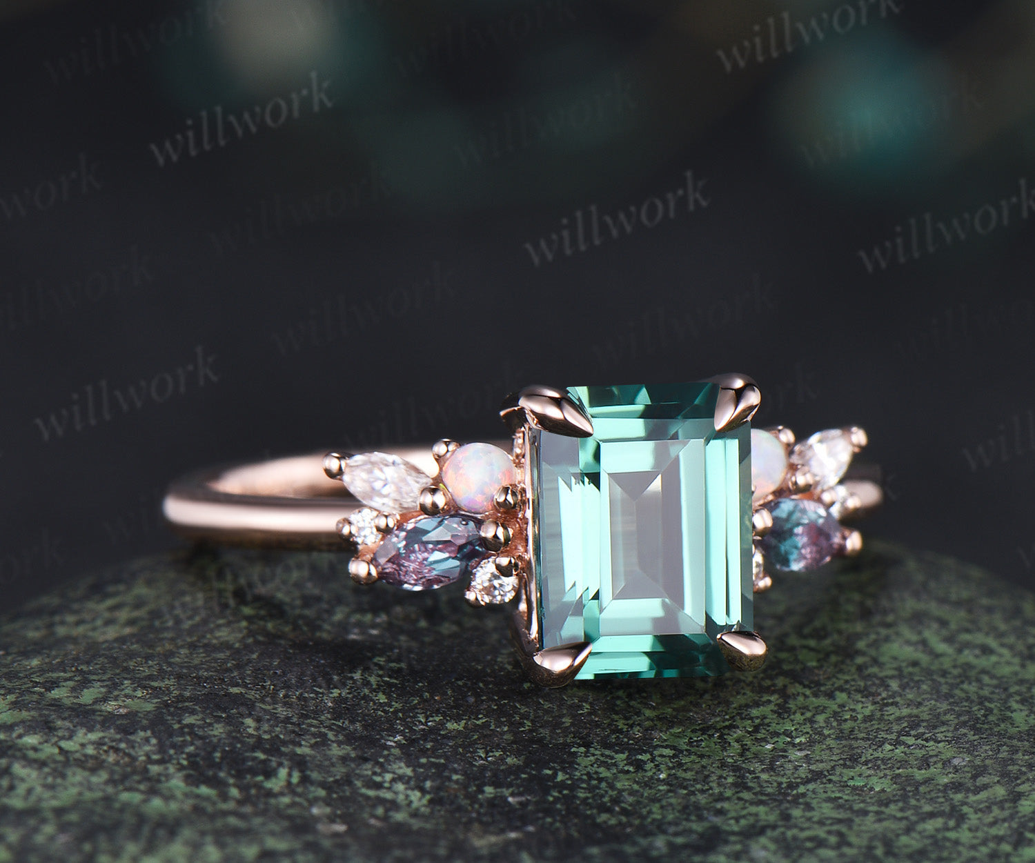 Emerald cut green sapphire engagement ring cluster alexandrite