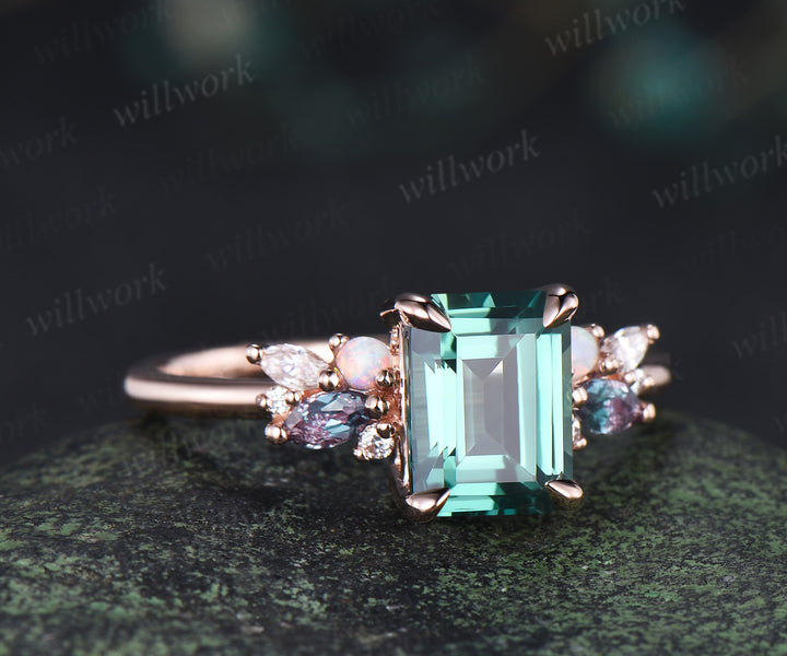 Emerald cut green sapphire engagement ring cluster alexandrite opal moissanite ring rose gold women