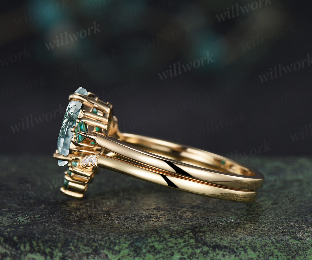 Long hexagon cut moss agate ring kite emerald wedding ring set claw prong yellow gold unique engagement ring set