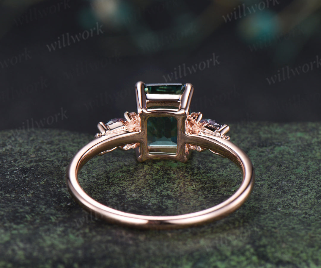Emerald cut green sapphire engagement ring cluster alexandrite opal moissanite ring rose gold women