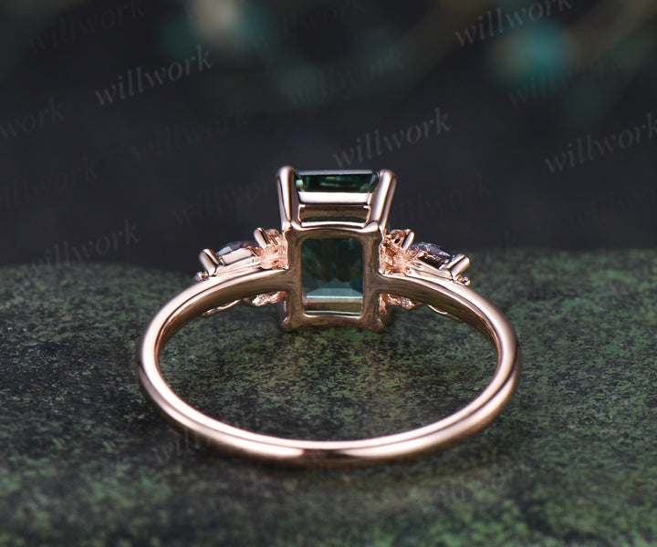 Emerald cut green sapphire engagement ring cluster alexandrite opal moissanite ring rose gold women