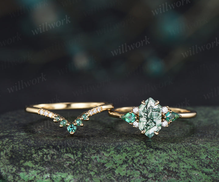Long hexagon cut moss agate ring kite emerald wedding ring set claw prong yellow gold unique engagement ring set