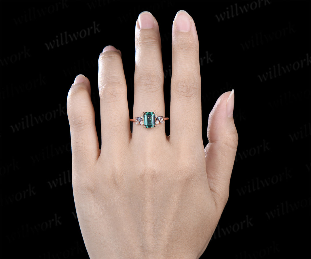 Emerald cut green sapphire engagement ring cluster alexandrite opal moissanite ring rose gold women