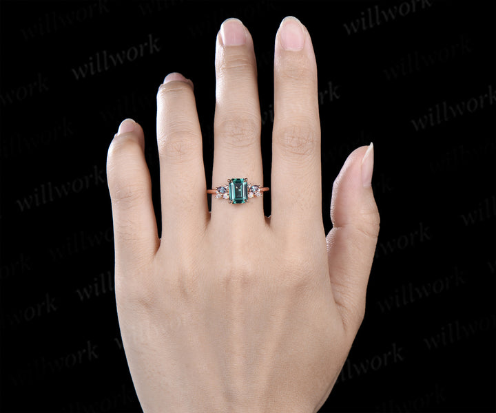 Emerald cut green sapphire engagement ring cluster alexandrite opal moissanite ring rose gold women