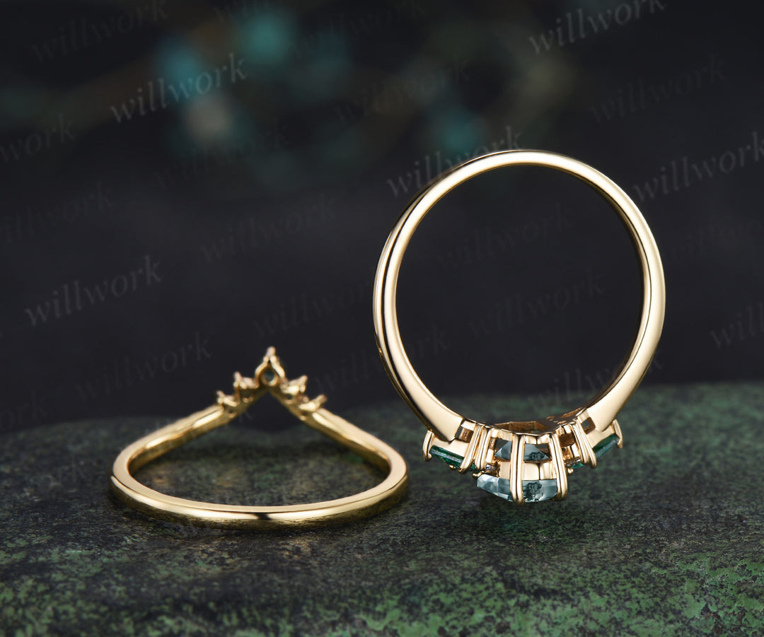 Long hexagon cut moss agate ring kite emerald wedding ring set claw prong yellow gold unique engagement ring set