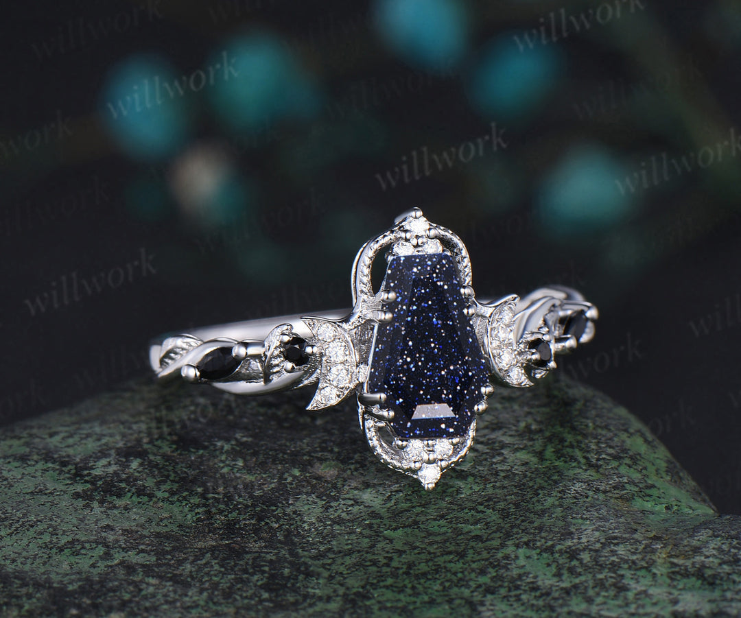 Coffin cut blue sandstone engagement ring white gold antique leaf twisted moon diamond wedding anniversary ring women gift
