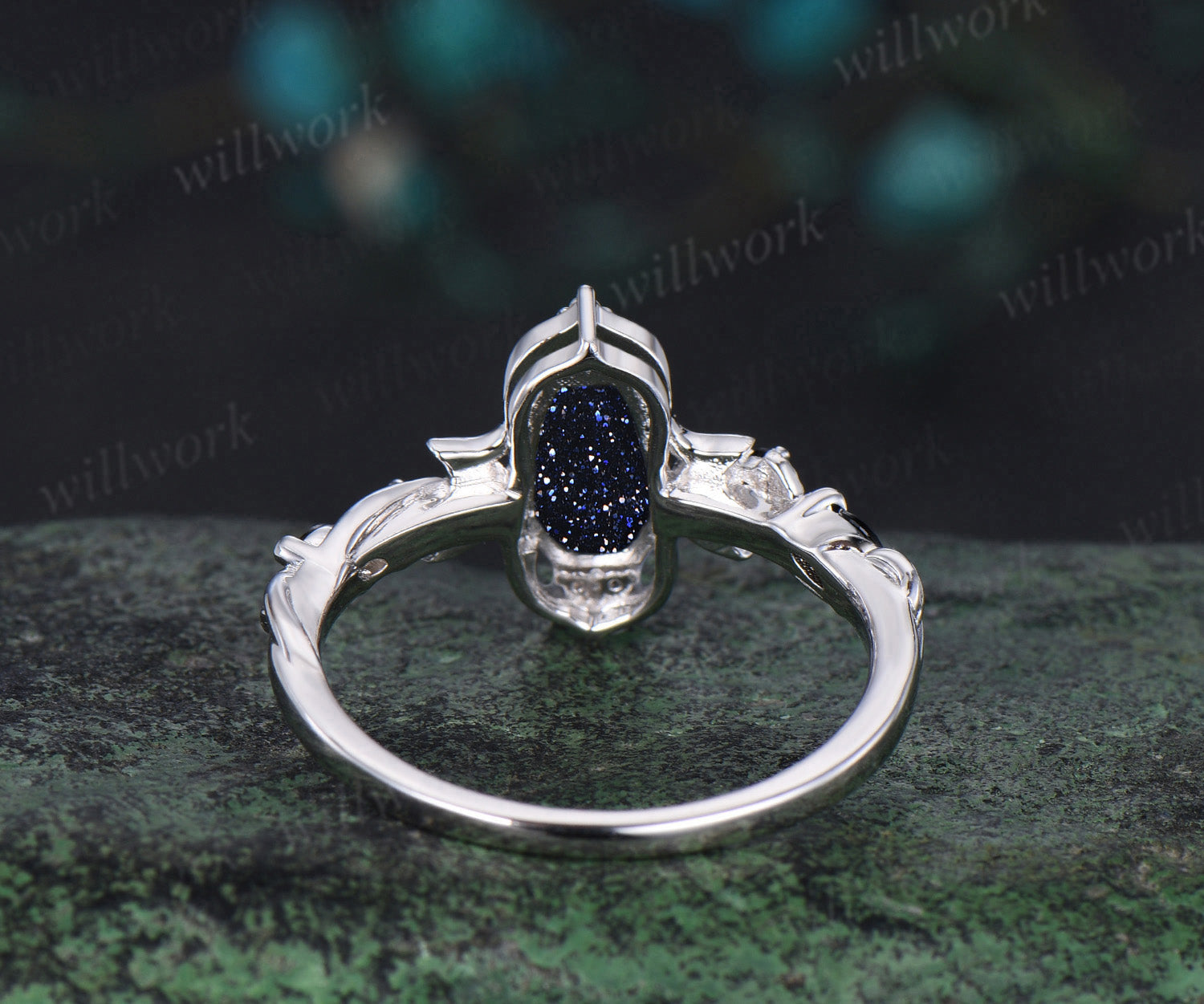 Coffin cut blue sandstone engagement ring white gold antique leaf