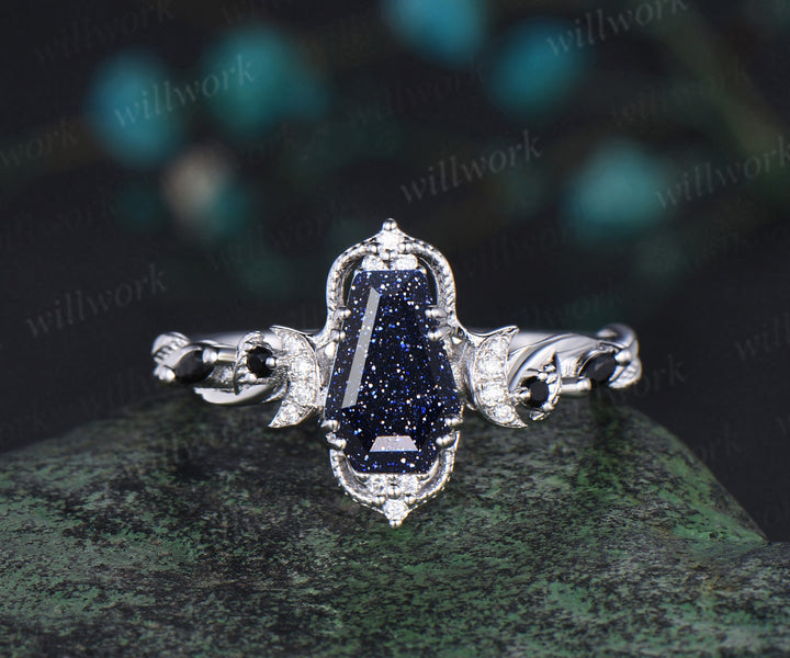 Coffin cut blue sandstone engagement ring white gold antique leaf twisted moon diamond wedding anniversary ring women gift